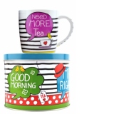 Set ceai: Cana portelan + Cutie metalica "Need more tea" 300ml