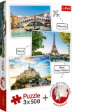 Set Puzzle 3 x 500 Venetia, Paris, Mont Saint-Michel