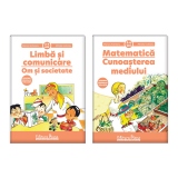 Set 2 caiete, A4, pe domenii, grupa mica 3-4 ani: 1. Limba si Comunicare. Om si Societate; 2. Matematica. Cunoasterea Mediului