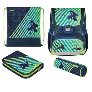 Ghiozdan echipat Loop Plus ( penar 16 piese, sac sport, penar tip etui rotund), dimensiune 37 x 31 x 22 cm, motiv, Funky Ninja