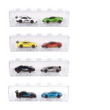 Set 2 masinute sport in cutie transparenta, 2 x 7 cm, culori negru si gri